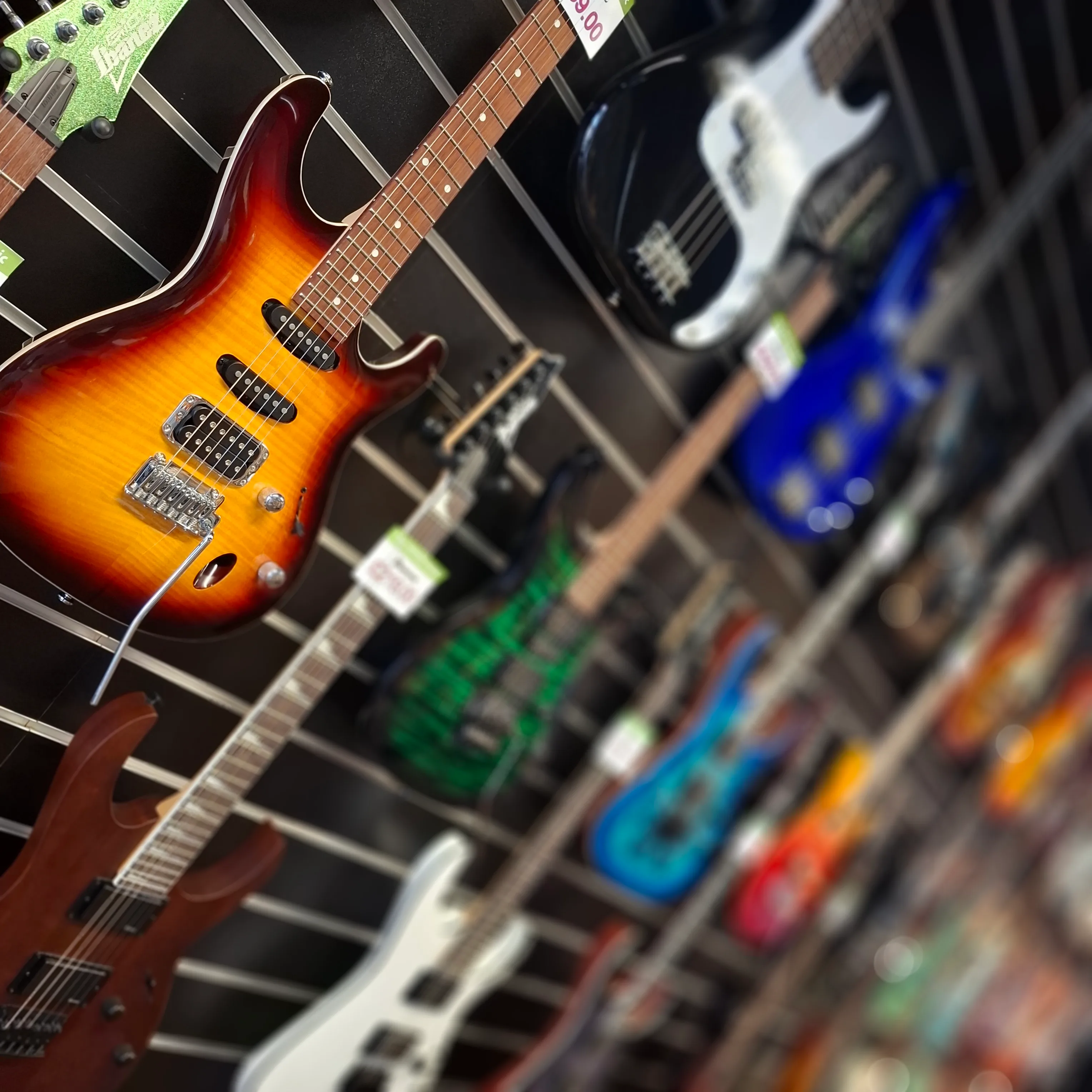 Bass and guitar display in store